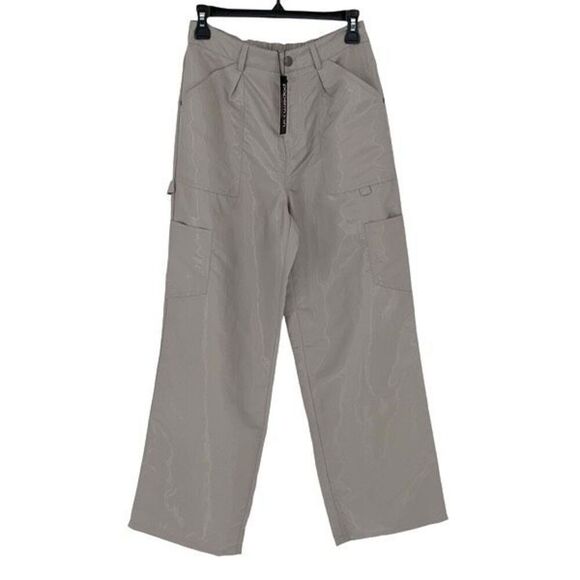 Papermoon Womens Flat Front High-Rise Straight Leg Cargo Pants Gray Sheen Small‎ - Picture 1 of 9